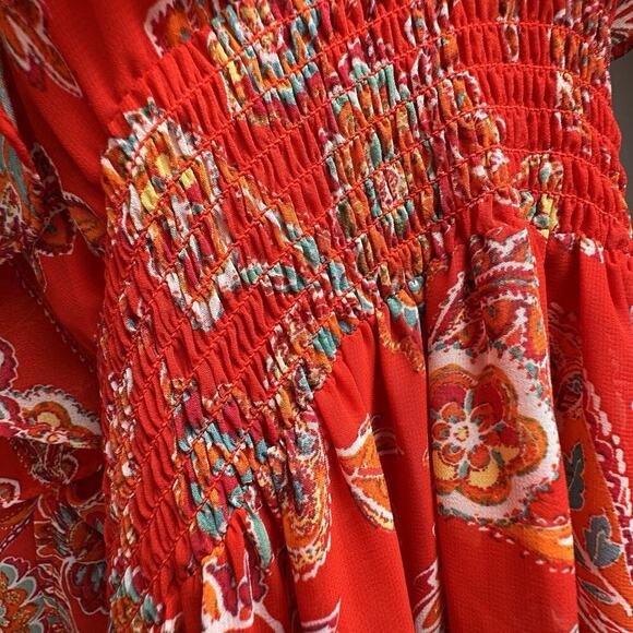 Red Paisley Floral Print Off-Shoulder Boho Chic Bohemian Tiered Maxi Dress Sz 6 - Picture 14 of 16